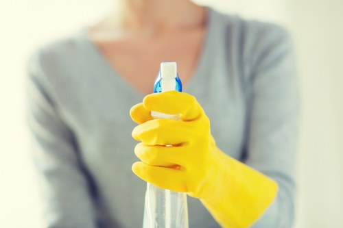 Professional carpet cleaning team with safety equipment